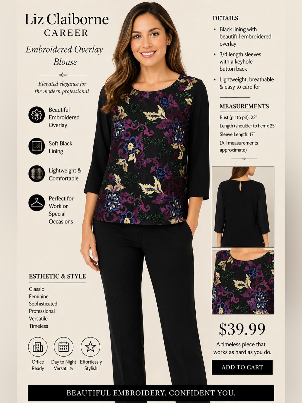 Liz Claiborne Black Floral Embroidered Overlay Long Sleeve Top